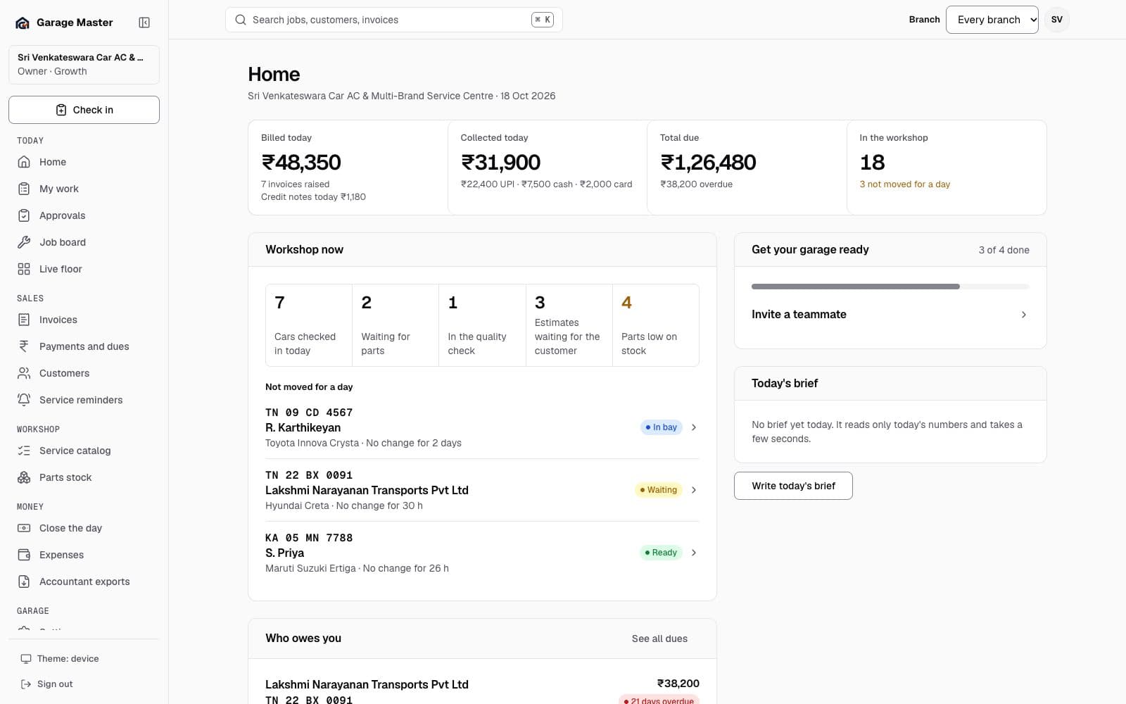 Garage Master owner dashboard with demonstration workshop records