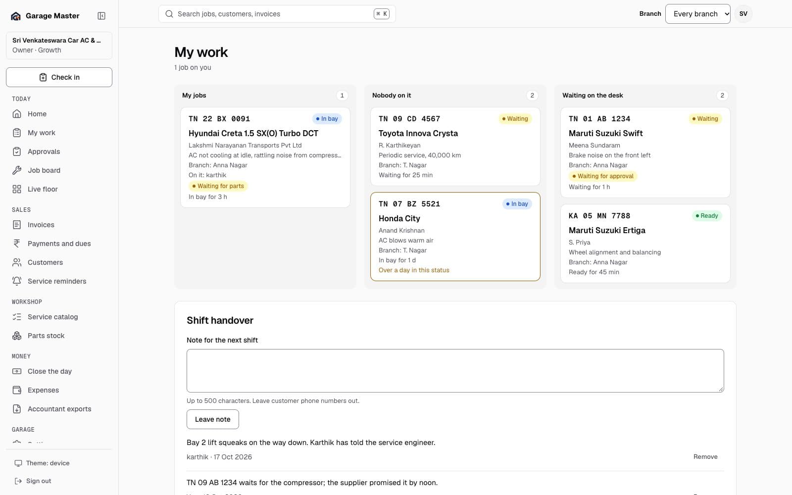 Garage Master My Work screen with demonstration jobs