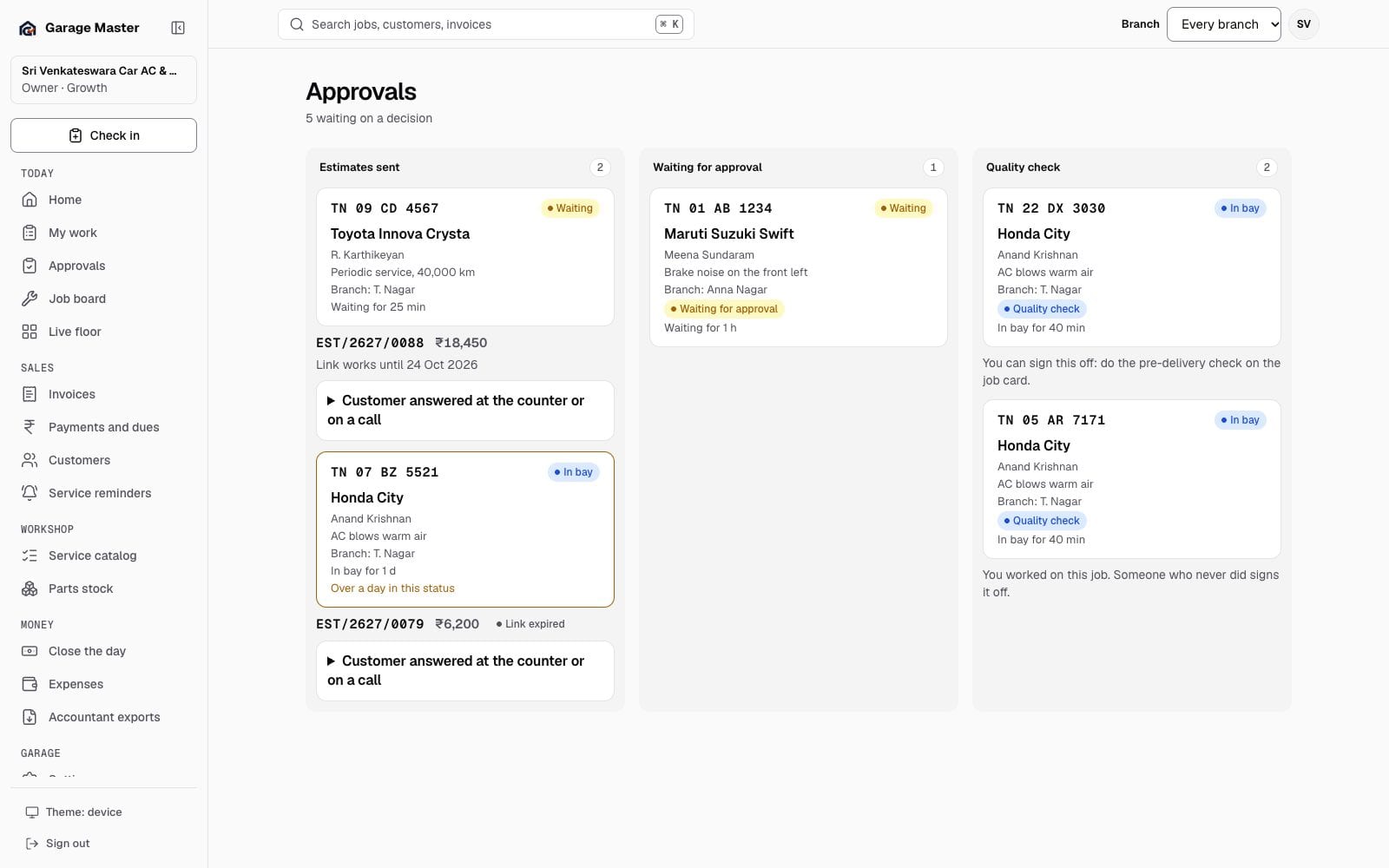 Garage Master approvals screen with estimates sent, waiting for approval and quality checks, using synthetic records.
