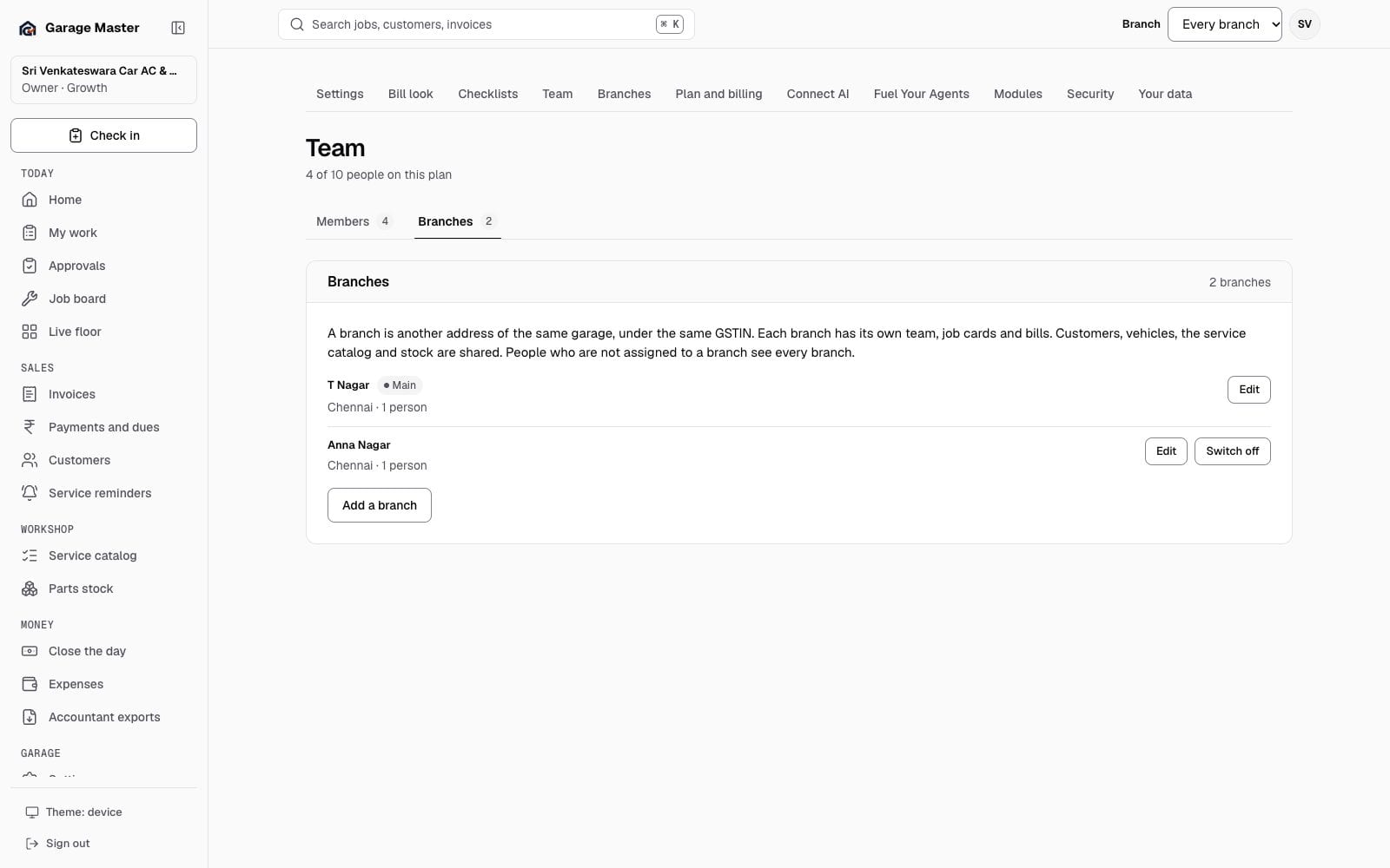 Garage Master branches tab with branch names and staff counts, using synthetic records.