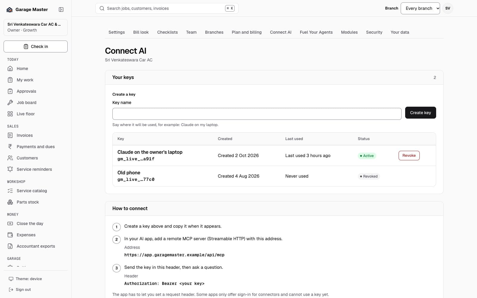 Garage Master Connect AI screen with a read-only MCP key, using synthetic records.