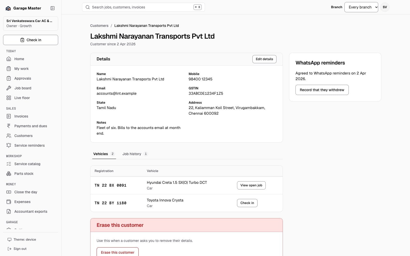 Garage Master customer record with vehicles, job history and balances, using synthetic records.