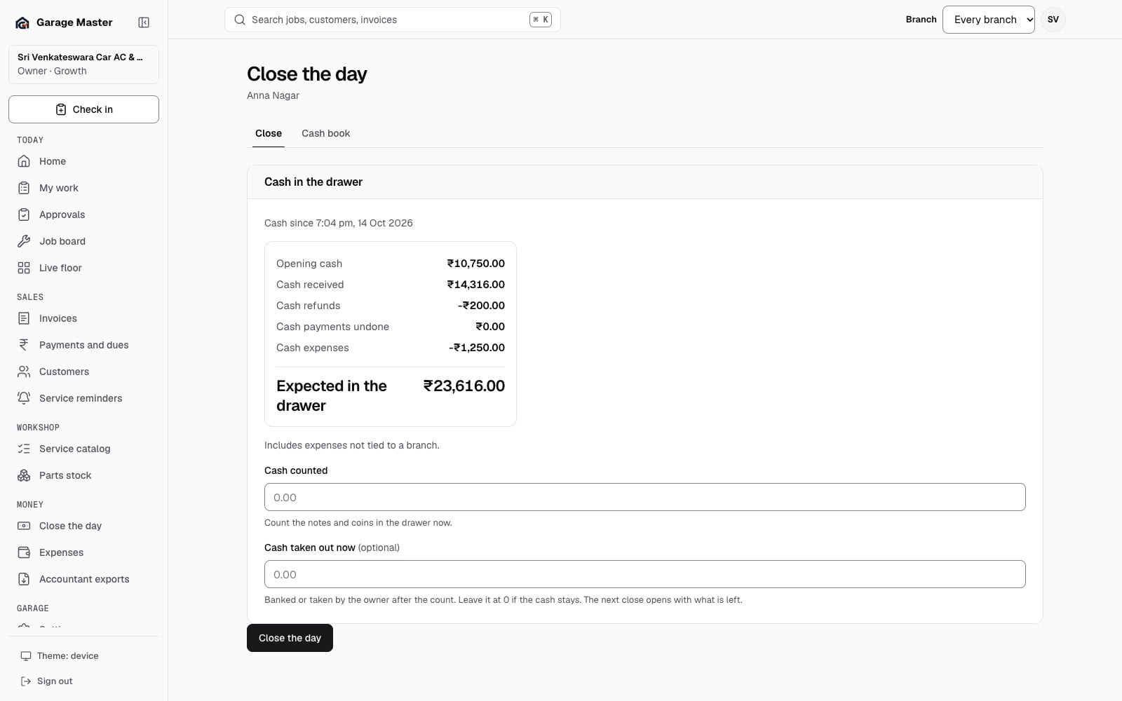 Garage Master day close screen with opening cash, collections, expenses and counted cash, using synthetic records.