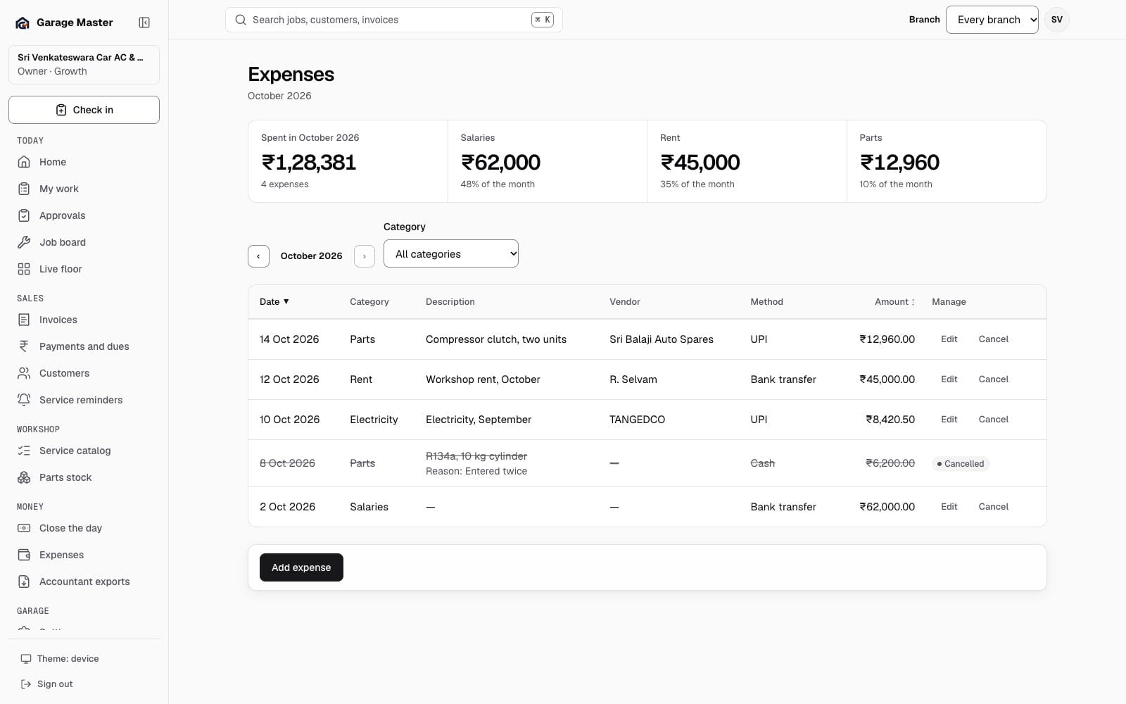 Garage Master expenses list by category and month, using synthetic records.