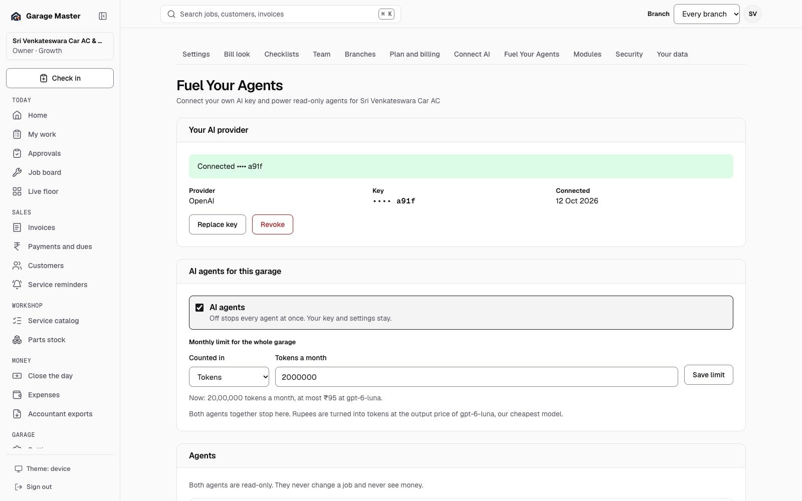 Garage Master Fuel Your Agents screen with the garage's AI key, agents and monthly usage, using synthetic records.