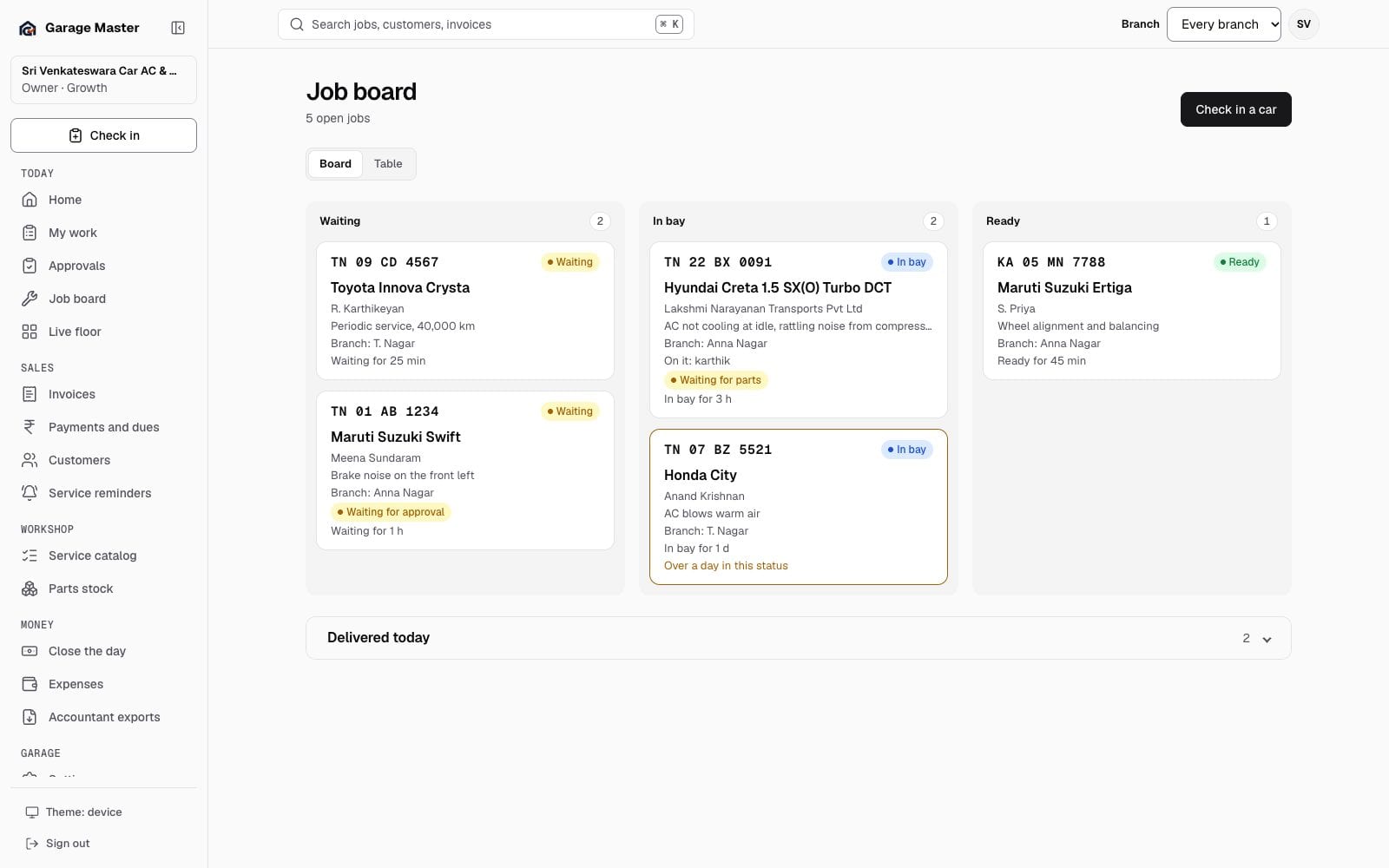 Garage Master job board with cars waiting, in bay, ready and delivered, using synthetic records.