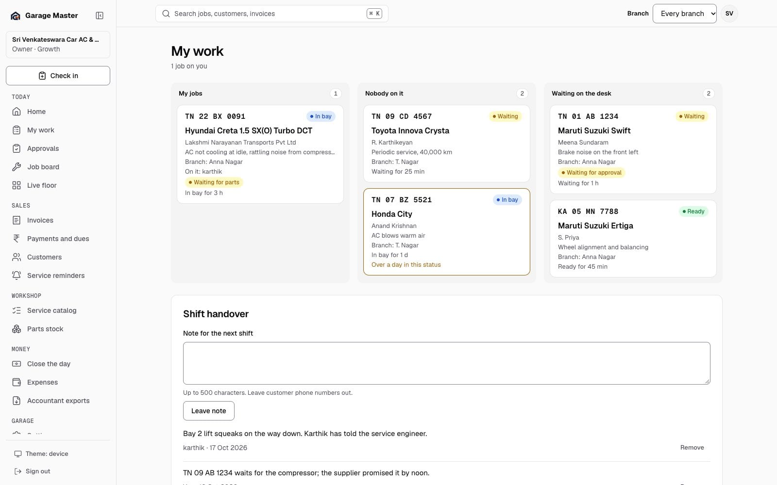 Garage Master My Work screen with an assigned repair job and jobs available to take, using synthetic records.
