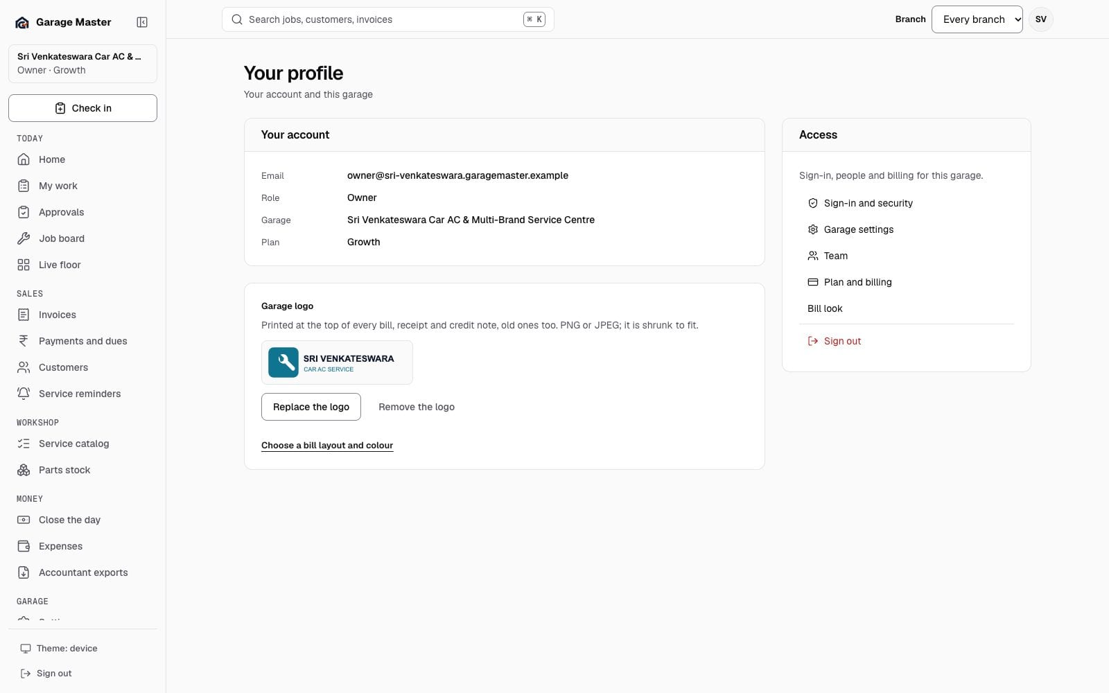 Garage Master profile page with account details, garage logo and access links, using synthetic records.