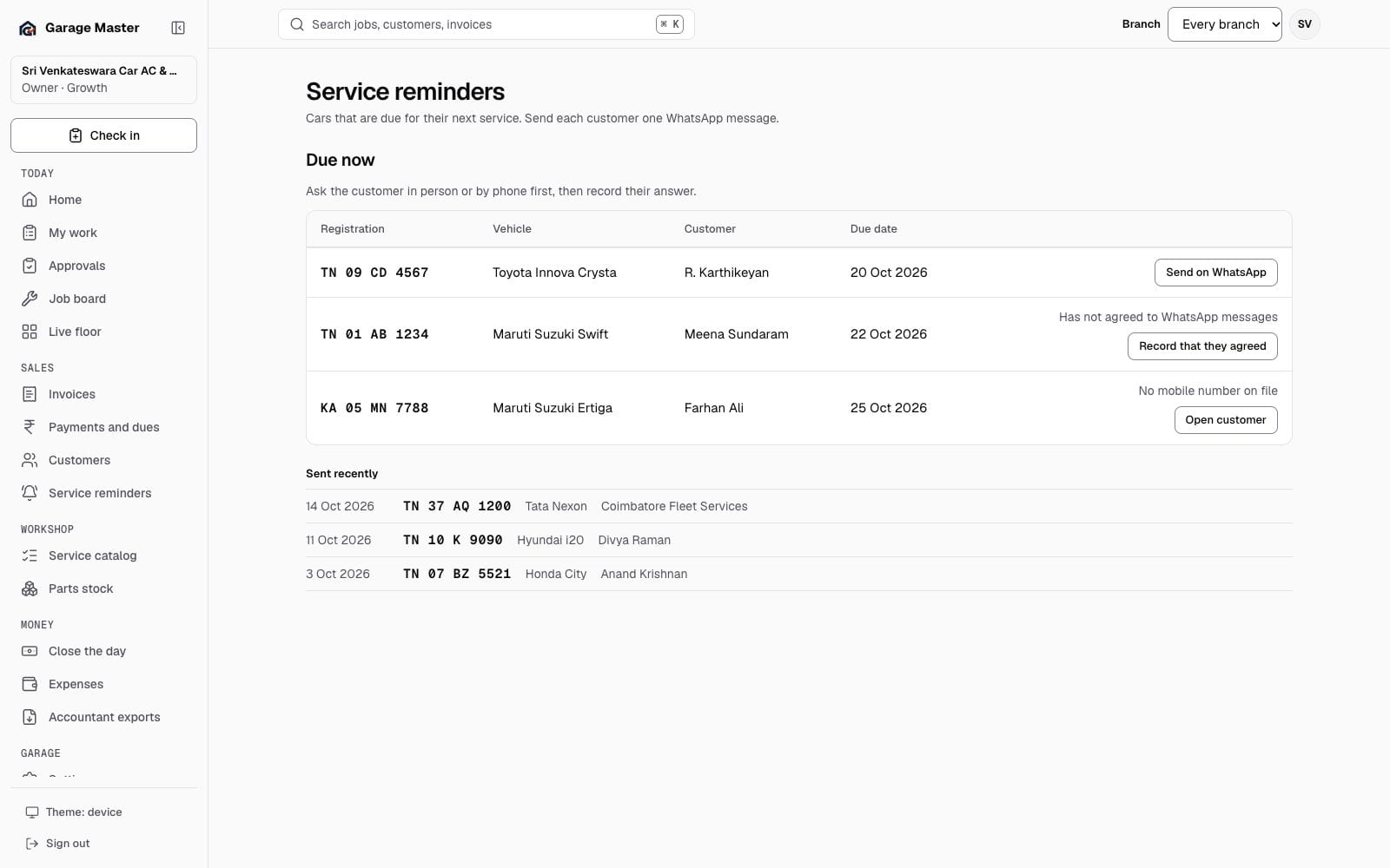 Garage Master service reminders screen with cars due and recent reminders, using synthetic records.