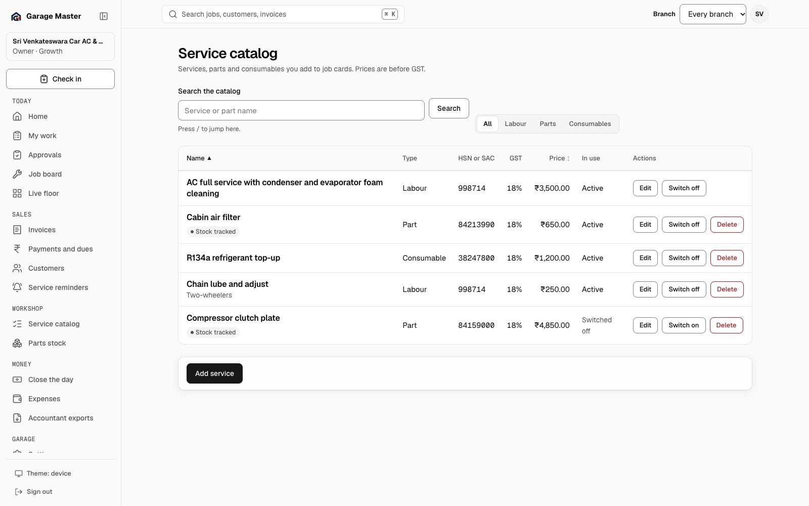 Garage Master service catalog with labour, parts, prices, GST rates and HSN or SAC codes, using synthetic records.