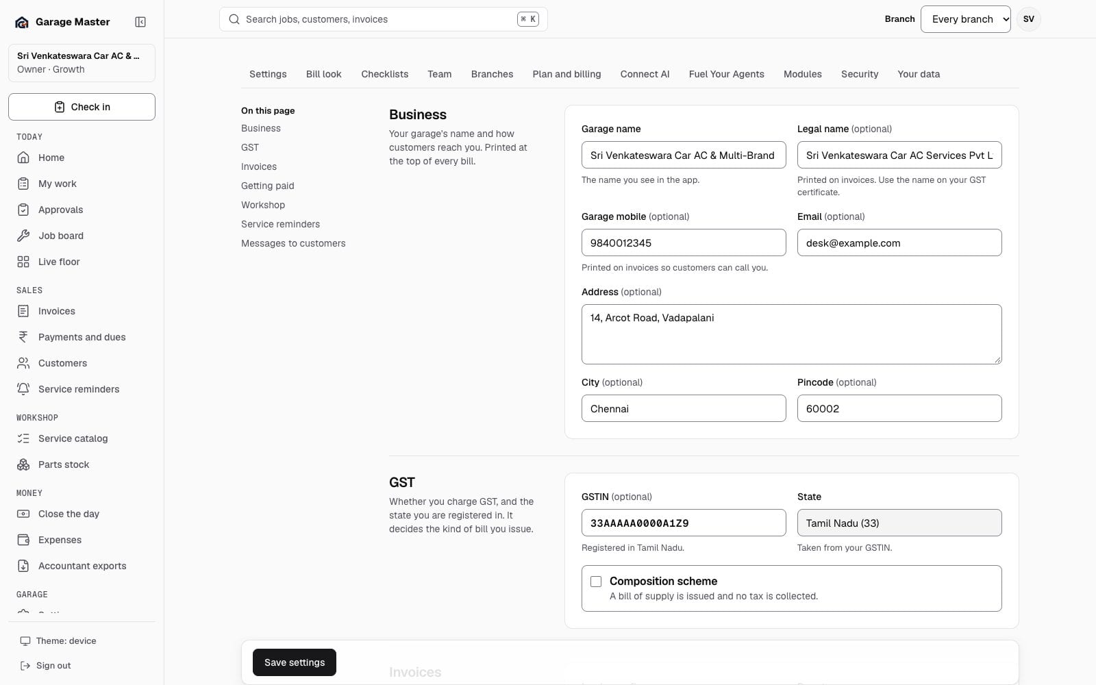 Garage Master garage settings with business, GST, invoice and payment fields, using synthetic records.