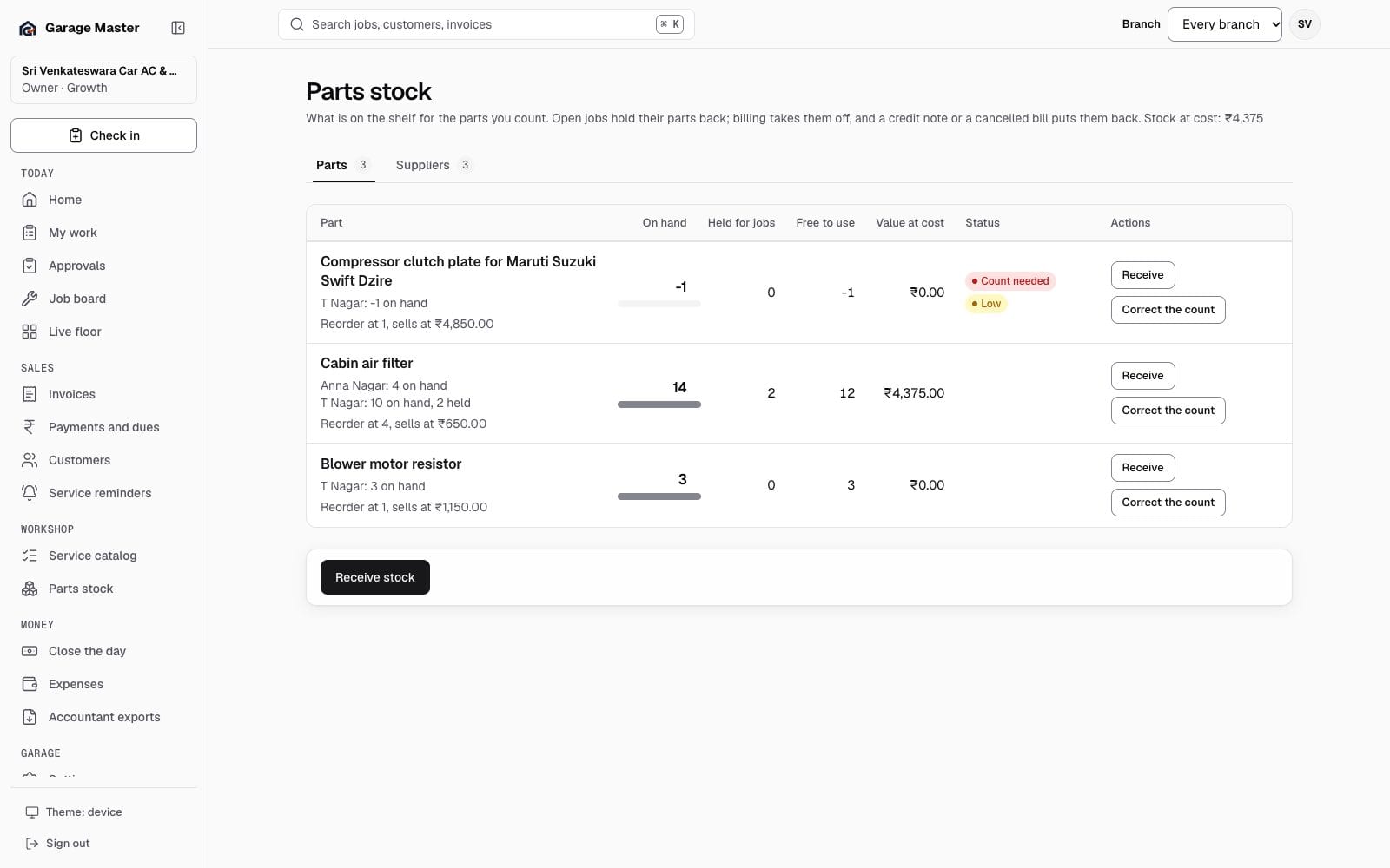 Garage Master parts stock with counts, held quantities, reorder levels and values, using synthetic records.