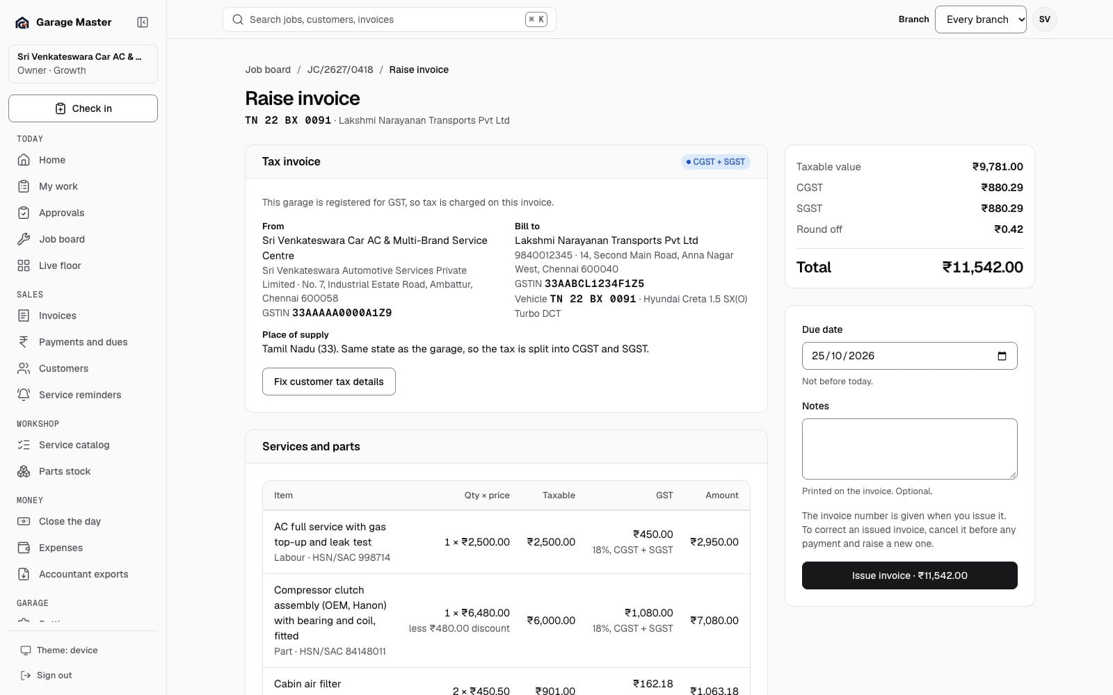 Garage Master tax invoice screen with CGST and SGST, customer GSTIN, line tax and a total, using synthetic records.